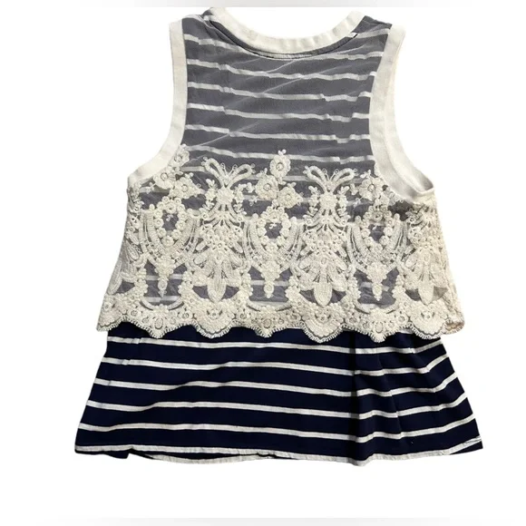 Anthropologie Stripped Tank Top with Lace Overlay Navy White - Picture 2 of 3